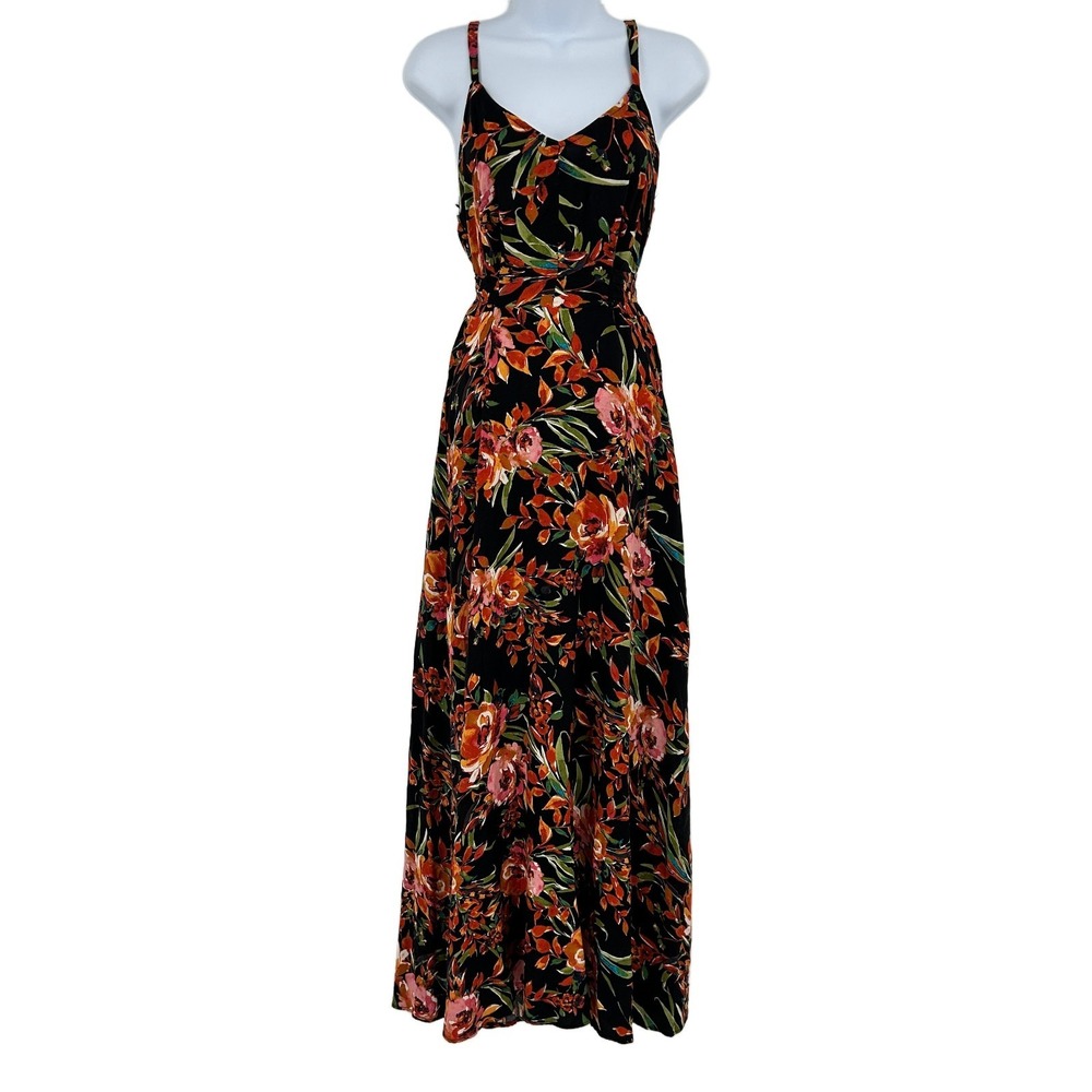 Garden Dark Floral Maxi Dress Womens S Feminine Romantic Coastal Tie Back Resort